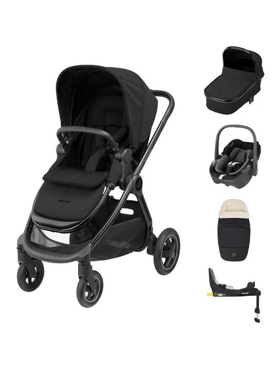 BOXED MAXI-COSI PRAM AND CAR SEAT SET INCLUDES ANDORRA LUXE STROLLER, ORIA CARRY COT, CYBEX ATON B2 I-SIZE, FAMILY FIX 360 ISOFIX BASE AND FOOTMUFF - BLACK