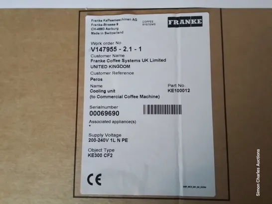 BOXED BRAND NEW FRANKE SPECTRE COOLING UNIT TO COFFEE MACHINE Model KE100012