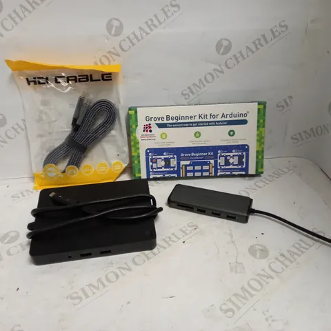 LOT OF APPROXIMATELY 12 ASSORTED ELECTRICAL ITEMS, TO INCLUDE DELL DOCK, HD CABLE, USB HUB, ETC
