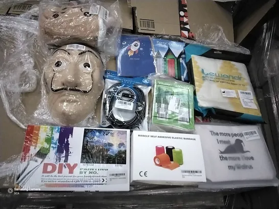 PALLET OF ASSORTED ITEMS INCLUDING SELF-ADHESIVE ELASTIC BANDAGE, MONEY HEIST MASK, WALRUS MAKEUP BAG, PAINT BY NUMBERS KIT, SON BIRTHDAY CARD, POETS CORNER 2021 BOOK