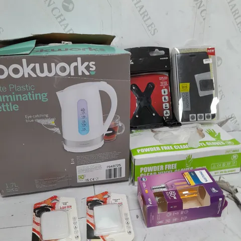 BOX OF APPROXIMATELY 10 ASSORTED ITEMS TO INCLUDE KETTLE, POWDERED GLOVES, LED BULB ETC