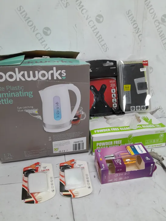 BOX OF APPROXIMATELY 10 ASSORTED ITEMS TO INCLUDE KETTLE, POWDERED GLOVES, LED BULB ETC