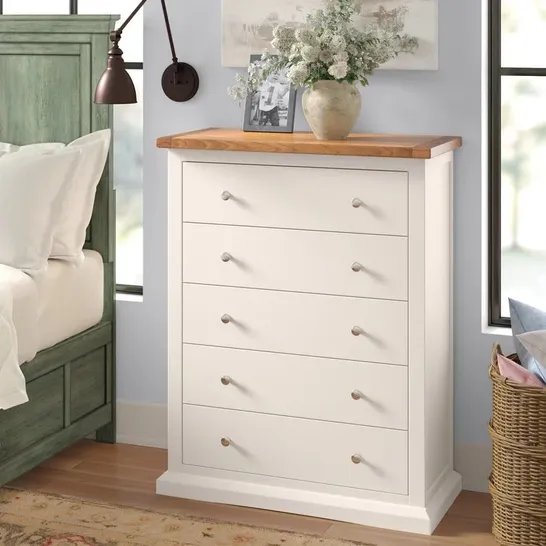 BOXED GALEN 5-DRAWER CHEST OF DRAWERS - WHITE AND WAX (1 BOX)