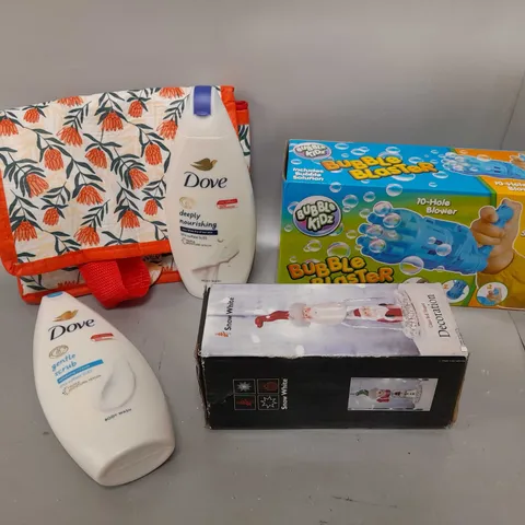BOX OF APPROXIMATELY 10 ASSORTED ITEMS TO INCLUDE DOVE BODYWASH, BUBBLE BLASTER, DECORATIVE CHRISTMAS PIECE ETC