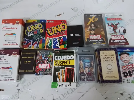 LOT OF 13 ASSORTED DECKS OF CARDS TO INCLUDE MARVEL CHAMPIONS, RIDER WAITED TAROT AND EDUCATIONAL 