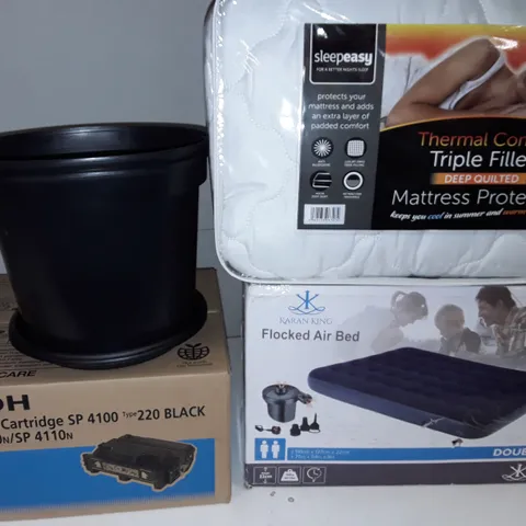 LOT OF 7 ASSORTED HOUSEHOLD ITEMS TO INCLUDE FLOCKED AIR BED, THERMAL CONTROL MATTRESS PROTECTOR, PLANT POTS WITH TONER CARTRIDGE