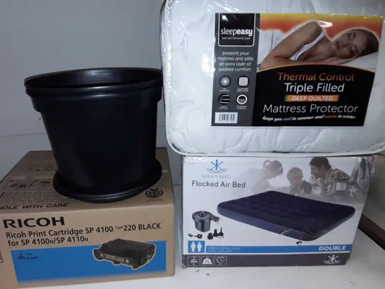 LOT OF 7 ASSORTED HOUSEHOLD ITEMS TO INCLUDE FLOCKED AIR BED, THERMAL CONTROL MATTRESS PROTECTOR, PLANT POTS WITH TONER CARTRIDGE