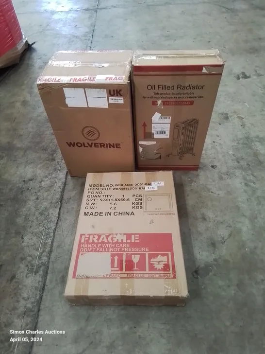 PALLET OF ASSORTED HOUSEHOLD GOODS AND PRODUCTS TO INCLUDE; WOLVERINE CROSS CUT PAPER SHREDDER, OIL FILLED RADIATOR, INDUCTION HOB, BOXED FURNITURE ETC 