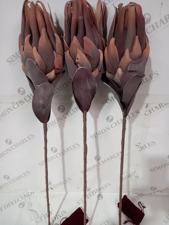 BOXED ALISON CORK SET OF 3 PROTEA PRE-LIT FAUX FLORAL STEMS IN DUSTY PINK