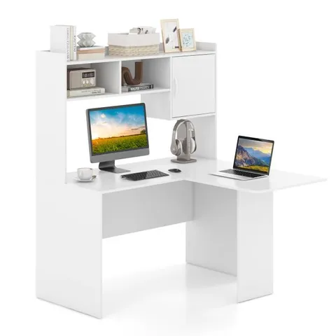 BOXED PRODUCTS L SHAPED DESK WITH OPEN STORAGE HUTCH AND SHELVES CABINET - WHITE