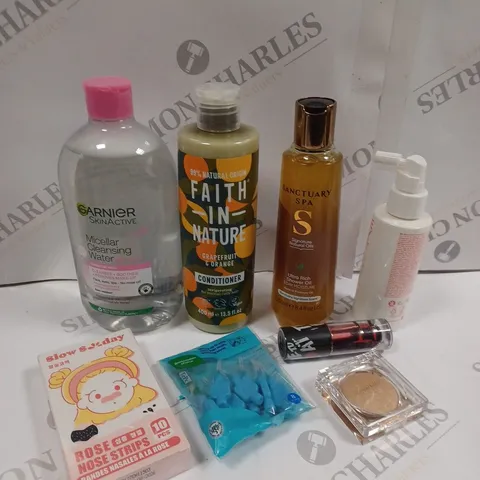 BOX OF APPROXIMATELY 20 ASSORTED ITEMS TO INCLUDE SKINACTIVE CLEANSER, SANCTUARY SHOWER OIL, REVOLUTION BLUSHER ETC