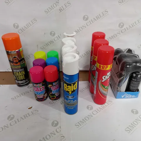 LOT OF APPROX 20 ASSORTED AEROSOLS TO INCLUDE SILLY STRING, BIG KILLER, POLISH ETC