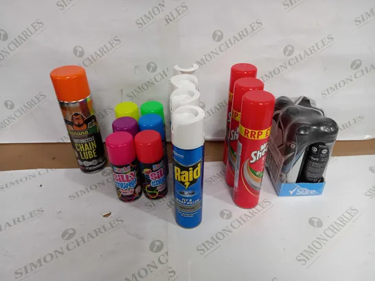 LOT OF APPROX 20 ASSORTED AEROSOLS TO INCLUDE SILLY STRING, BIG KILLER, POLISH ETC