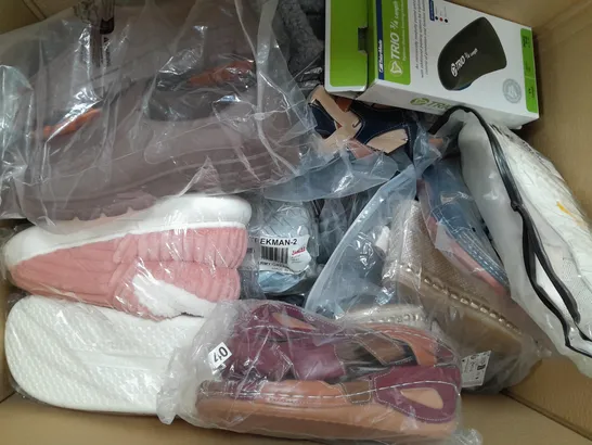 BOX OF APPROXIMATELY 15 ASSORTED PAIRS OF SHOES AND FOOTWEAR ITEMS IN VARIOUS STYLES AND SIZES TO INCLUDE ASICS, IDEAL SHOES, BIRKENSTOCK, ETC