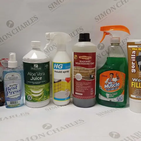 LOT OF APPROX 15 ASSORTED HOUSEHOLD ITEMS TO INCLUDE BEBBINGTONS MASONRY WEATHERING TINT, MR MUSCLE GLASS CLEANER, THE ORIGINAL GORILLA WOOD FILLER, ETC 