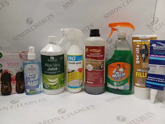 LOT OF APPROX 15 ASSORTED HOUSEHOLD ITEMS TO INCLUDE BEBBINGTONS MASONRY WEATHERING TINT, MR MUSCLE GLASS CLEANER, THE ORIGINAL GORILLA WOOD FILLER, ETC 