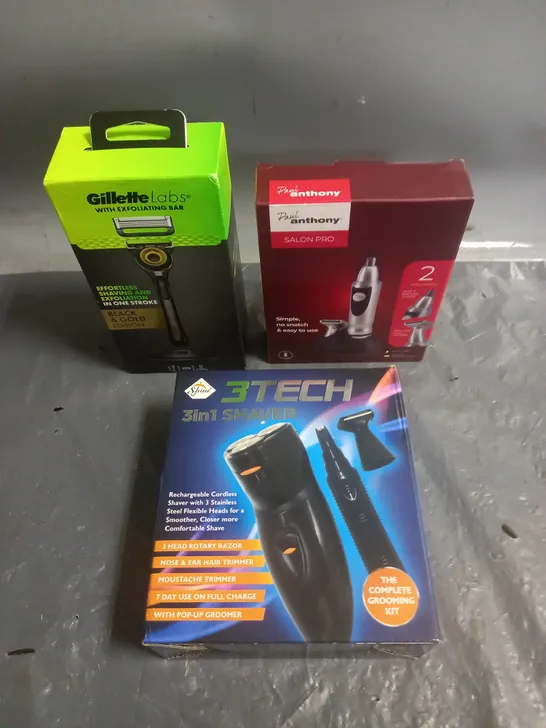 LOT OF 3 ASSORTED ELECTRICAL COSMETIC PRODUCTS TO INCLUDE - GILETTE LABS RAZOR - 3TECH SHAVER - PAUL ANTHONY NOSE EAR & HAIR CLIPPER