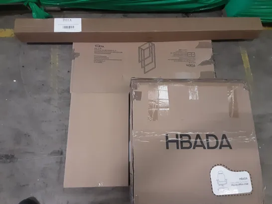 PALLET OF ASSORTED ITEMS INCLUDING HBADA OFFICE CHAIR, YUDA METAL TOWEL RACK, DOCA 12FT EXTENSION POLE AND CAMERA, BAR STOOL, MEERVEIL