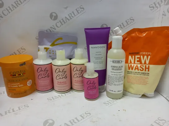 LOT OF APPROX 8 ASSORTED HAIRCARE PRODUCTS TO INCLUDE ONLY CURLS CURL CREME, KIEHL'S AMINO ACID SHAMPOO, NANOGEN SHAMPOO, ETC 