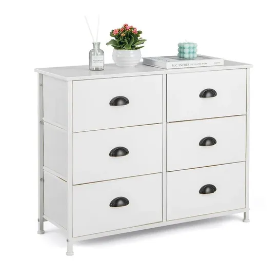 BOXED COSTWAY 6 FABRIC DRAWERS STORAGE CHEST WITH WOODEN TOP - WHITE