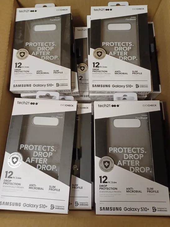 LOT OF APPROX. 80 BRAND NEW BOXED TECH 21 T21-6949 SMOKEY BLACK EVO CHECK CASE COVER WITH 12FT DROP PROTECTION AND ANTI-MICROBIAL PROTECTION FOR SAMSUNG GALAXY S10+