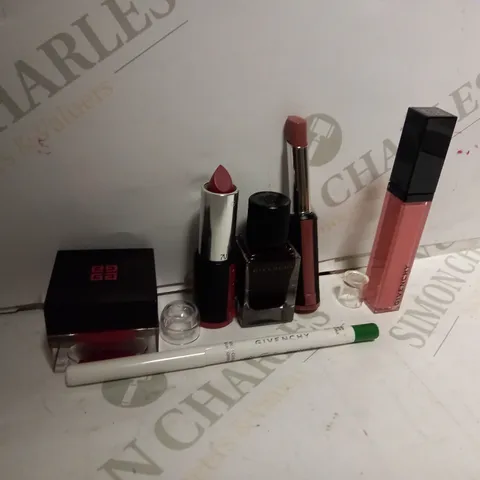 LOT OF APPROXIMATELY 20 GIVENCHY PRODUCTS TO INCLUDE 7 SATIN TRANSLUCENT NAIL LACQUER - 031 PURPLE PINK, 4 WATERPROOF EYELINER - 05 JADE, 3 ROUGE A LEVRES LIPSTICK - 105 BRUN VINTAGE, ETC