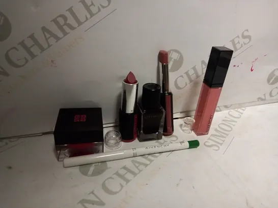 LOT OF APPROXIMATELY 20 GIVENCHY PRODUCTS TO INCLUDE 7 SATIN TRANSLUCENT NAIL LACQUER - 031 PURPLE PINK, 4 WATERPROOF EYELINER - 05 JADE, 3 ROUGE A LEVRES LIPSTICK - 105 BRUN VINTAGE, ETC