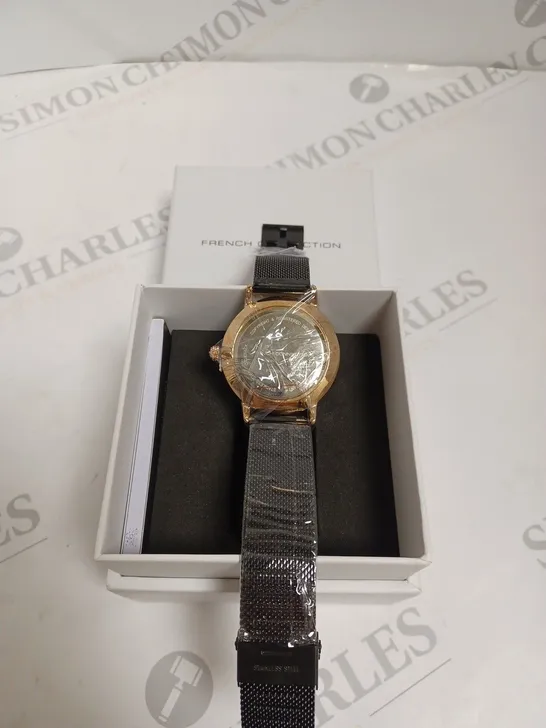 BOXED FRENCH CONNECTION LADIES BLACK DIAL WATCH - BLACK & ROSE GOLD