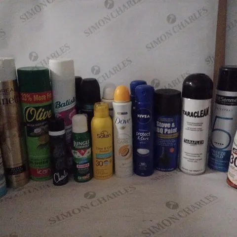 BOX OF HOUSEHOLD ITEMS TO INCLUDE JUNGLE FORMULA , HAIRSPRAY , ETC