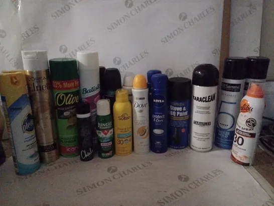 BOX OF HOUSEHOLD ITEMS TO INCLUDE JUNGLE FORMULA , HAIRSPRAY , ETC