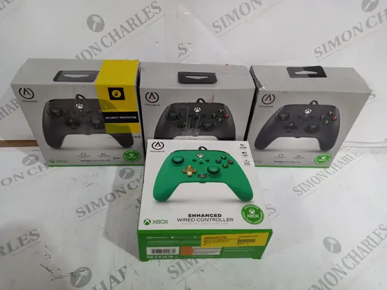 BOX OF FOUR ASSORTED WIRED XBOX CONTROLLERS INCLUDING THREE BACK AND ONE GREEN