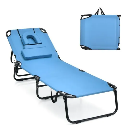 BOXED COSTWAY BEACH CHAISE LOUNGE CHAIR WITH FACE HOLE AND REMOVABLE PILLOW - BLUE