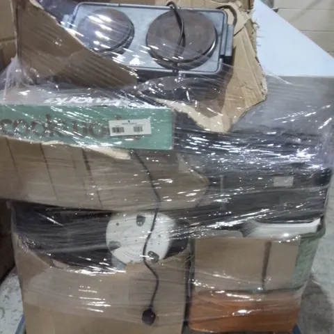 PALLET OF ASSORTED HOUSEHOLD ITEMS TO INCLUDE COOKWORKS HOTPLATE, GOOD HOME CEILING LIGHT AND DELONGHI MICROWAVE