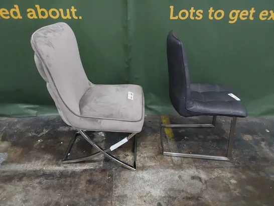 TWO DESIGNER UPHOLSTERED DINING CHAIRS ON METAL FRAMES