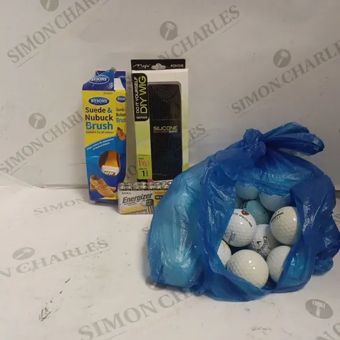 BOX OF APPROX 25 ASSORTED ITEMS TO INCLUDE RYSONS SUEDE BRUSH, ENERGIZER AAA BATTERIES, BAG OF ASSORTED GOLF BALLS, ETC. 