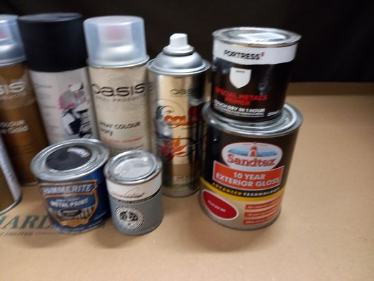 LOT OF 12 ASSORTED PAINT ITEMS TO INCLUDE SPRAY PAINT, METAL PAINT AND EXTERIOR GLOSS