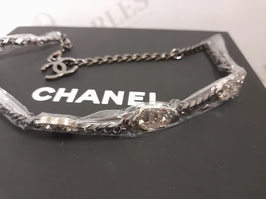 CHANEL GUN METAL GREY SILVER NECKLACE WITH STONE DETAIL