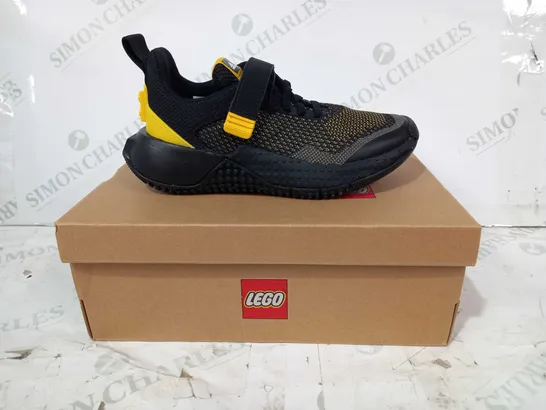 BOXED PAIR OF ADIDAS LEGO SPORT PRO EL K SHOES IN BLACK/YELLOW UK SIZE 1