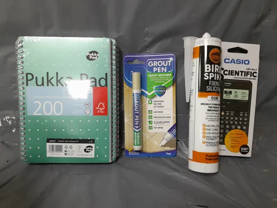 BOX OF APPROXIMATELY 9 ASSORTED ITEMS TO INCLUDE - CASIO CALCULATOR , BIRD SPIKE SILICONE , PUKKA PAD ETC