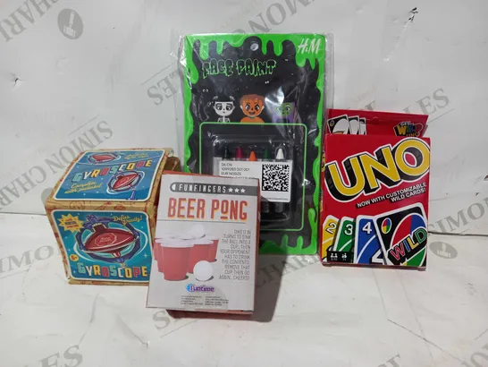 LOT OF APPROXIMATELY 10 ASSORTED TOYS AND GAMES TO INCLUDE UNO GAME, FUNFINGERS BEER PONG, FACE PAINT, ETC