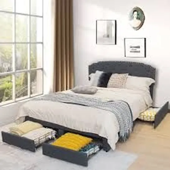 BOXED UPHOLSTERED DOUBLE BED FRAME WITH 4 STORAGE DRAWERS AND ADJUSTABLE HEADBOARD