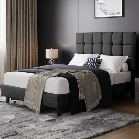 BOXED SIZE UPHOLSTERED BED FRAME WITH SQUARE TUFTED HEADBOARD - DARK GREY // SIZE: 135 X 190CM (1 BOX)