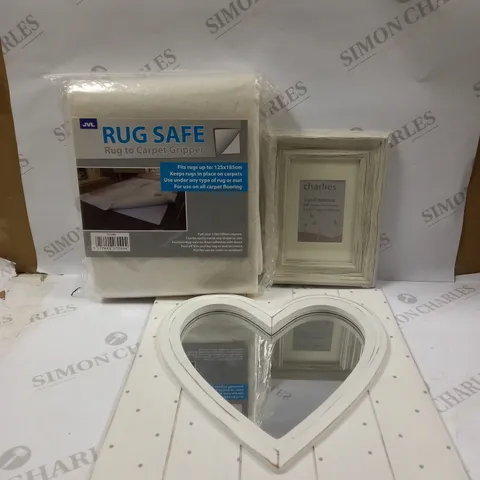 LOT OF APPROXIMATELY 12 ASSORTED HOUSEHOLD ITEMS TO INCLUDE JVL RUG SAFE RUG TO CARPET GRIPPER, HEART SHAPED MIRROR, CHARLIES STORES 4X6" FRAME, ETC