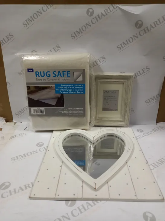 LOT OF APPROXIMATELY 12 ASSORTED HOUSEHOLD ITEMS TO INCLUDE JVL RUG SAFE RUG TO CARPET GRIPPER, HEART SHAPED MIRROR, CHARLIES STORES 4X6" FRAME, ETC