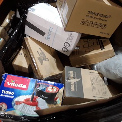 PALLET OF ASSORTED PRODUCTS TO INCLUDE; VILEDA TYRBO 2 IN 1 MICROFIBRE MOP, BUGGY PLATFORM AND SEAT AND BLENDER