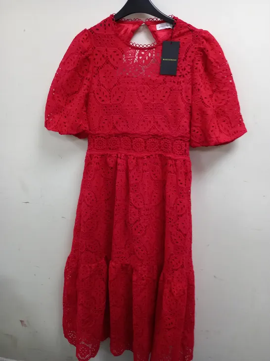 WAREHOUSE LACE TIER PUFF SLEEVE MIDI DRESS IN RED - 6