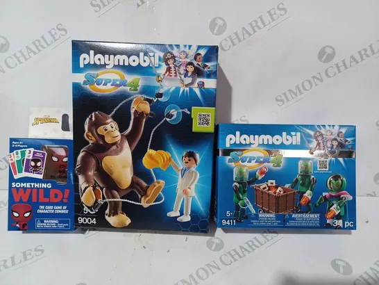 BOX OF APPROXIMATELY 15 ASSORTED HOUSEHOLD ITEMS TO INCLUDE PLAYMOBIL 9411 SUPER 4, PLAYMOBIL 9004 SUPER 4, MARVEL SPIDERMAN SOMETHING WILD CARD GAME, ETC