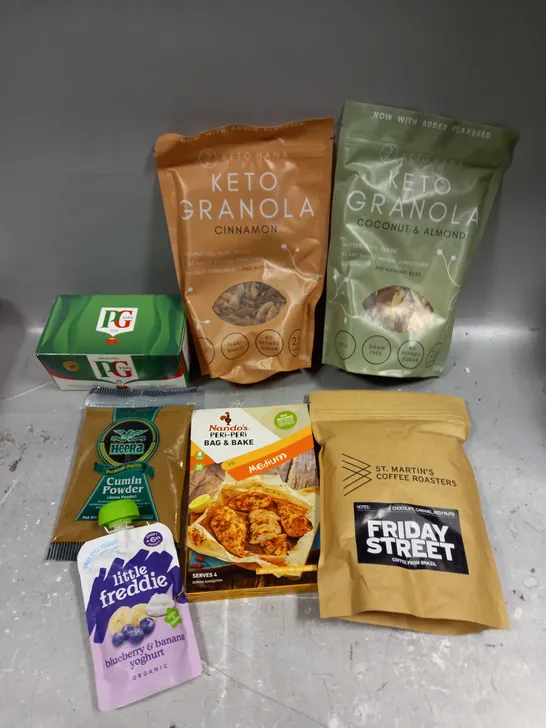 APPROXIMATELY 15 ASSORTED FOOD/DRINK PRODUCTS TO INCLUDE KETO GRANOLA, FRIDAY STREET COFFEE, NANDOS BAG & BAKE ETC 