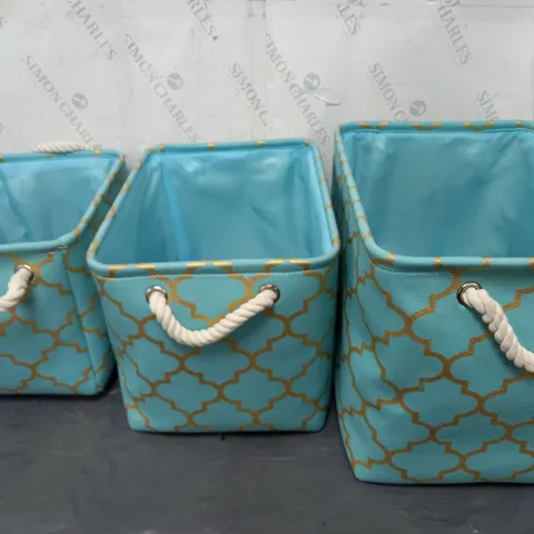 3X BLUE AND GOLDEN STORAGE BOXES WITH ROPE HANDLES 