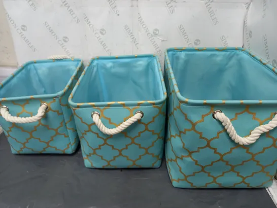 3X BLUE AND GOLDEN STORAGE BOXES WITH ROPE HANDLES 